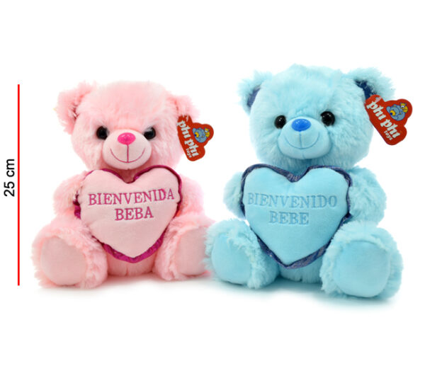 OSO ROSA Y CELESTE CON CORAZON BIENVENIDOS 25CM