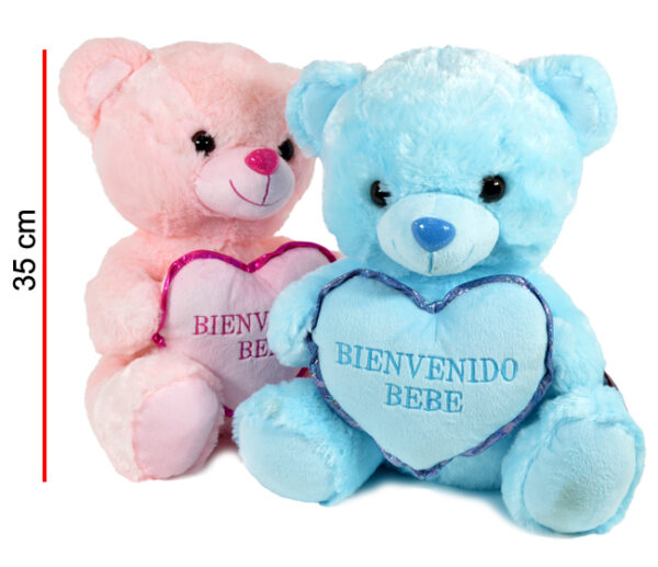 OSO ROSA Y CELESTE CON CORAZON BIENVENIDOS 35CM