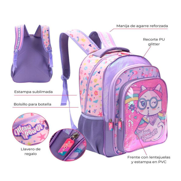 Mochila Think Happy Print Meow Power Con Lentejuelas 18"