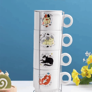 TAZAS TE CERAMICA X 4 APILABLE GATO GRANDE