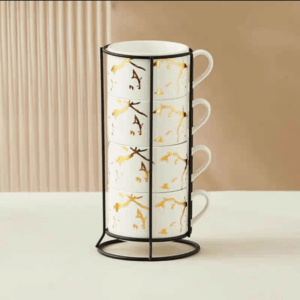 MT09936 TAZA CERAMICA MARMO BLANCO X 4 APILABLE