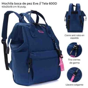 Mochila Boca De Pez Eve Con Llavero Correa 40x25x18 Cm