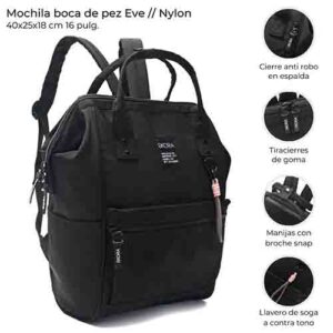 Mochila Boca De Pez Eve Con Llavero 40x25x18 Cm Negro